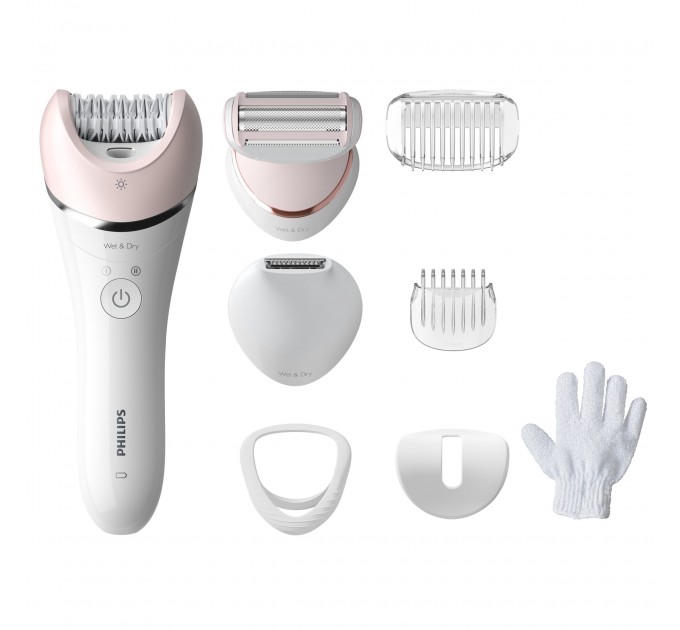Епілятор Philips 8000 series дисковий, акумуляторний , пінцет.-32, волог.+сух., насадок-6, з підсвіткою, біло-рожевий