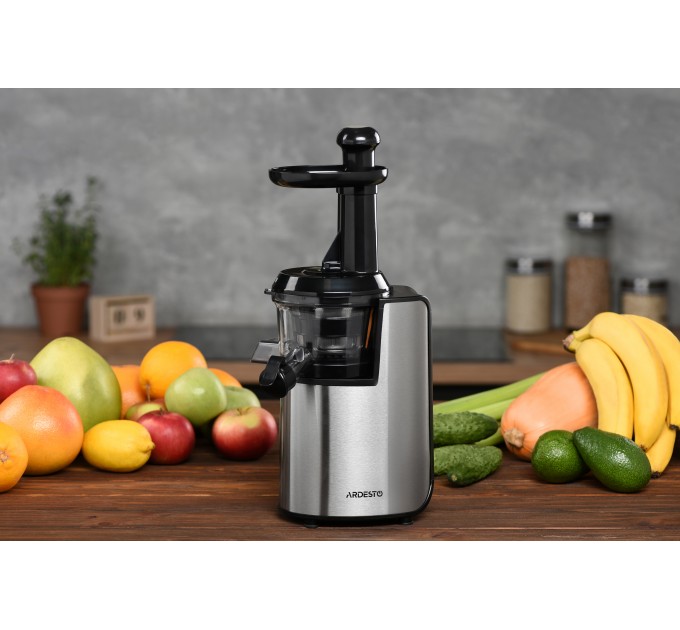 Соковитискач ARDESTO шнековий 200Вт, чаша-0.6л, жмих-0.6л, пластик/метал, сріблясто-чорний