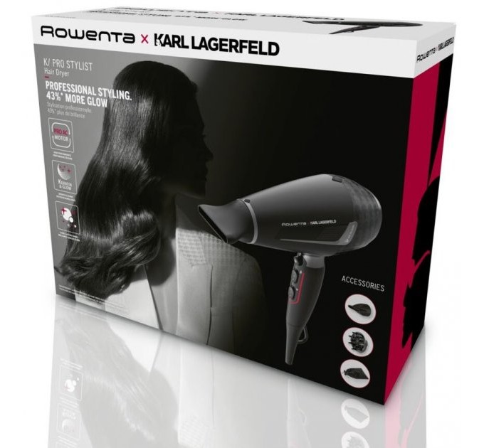 Фен Rowenta x Karl Lagerfeld K/Pro Stylist, 2200Вт, 3 режими, іоніз-я, дифузор, 2 концентратора, хол. обдув, чорний