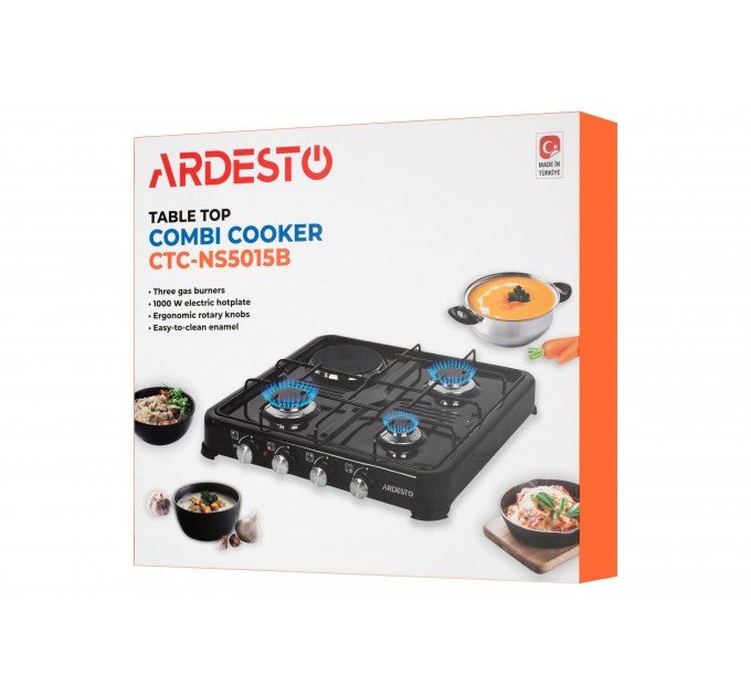 Плитка настільна ARDESTO комбінована, тип газу LPG, 3 алюмін. газ. конфорки+ 1 електр. конфорка, чорний