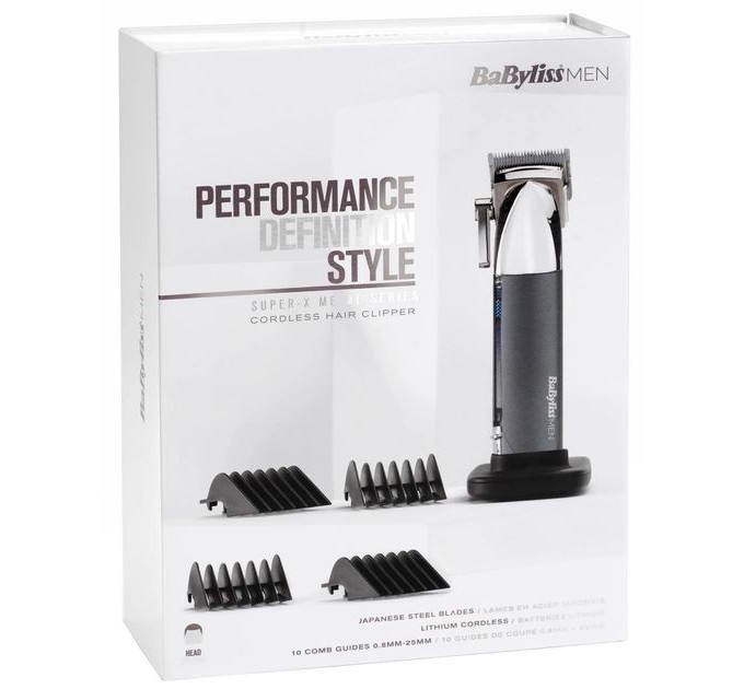 Машинка для стрижки Babyliss Super-X Metal Series, сеть+акум., вибрационный мотор, насадок-10, кейс, чехол, расческа в компл., сталь, серый