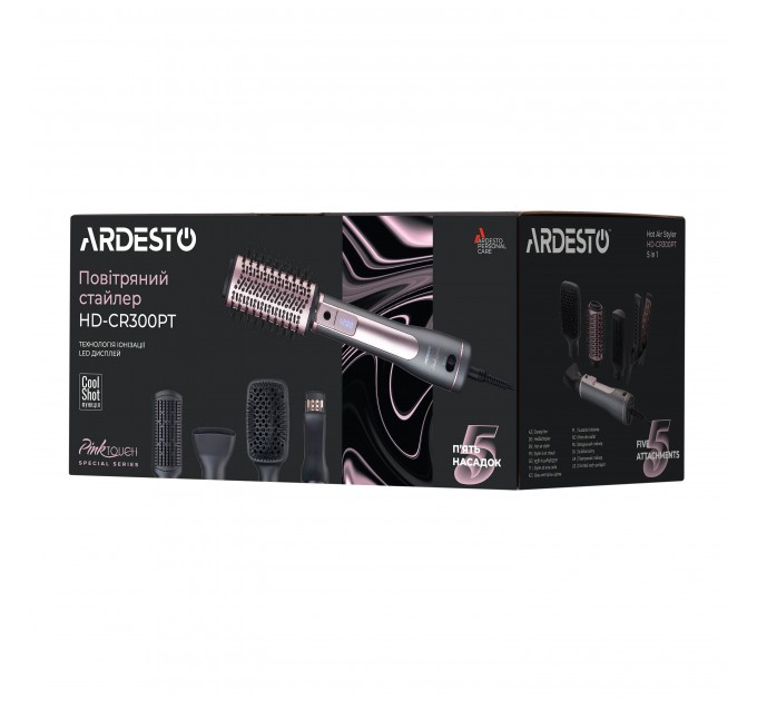 Фен-щітка ARDESTO Brush Pink Touch, 1200Вт, 2 швидкості, 2 темп. режими, LED-дисплей, функція іонізації , 4 насадки, сірий+ рожевий