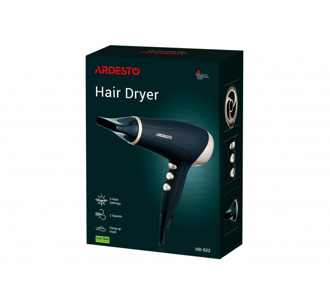 Фен ARDESTO Gemini HD-522, 1800-2200Вт, 2 швидкості, 3 темпер. режими , функція Cool Shot, чорний