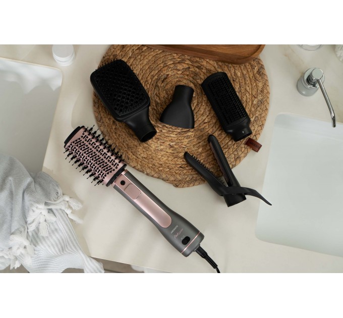 Фен-щітка ARDESTO Brush Pink Touch, 1200Вт, 2 швидкості, 2 темп. режими, LED-дисплей, функція іонізації , 4 насадки, сірий+ рожевий