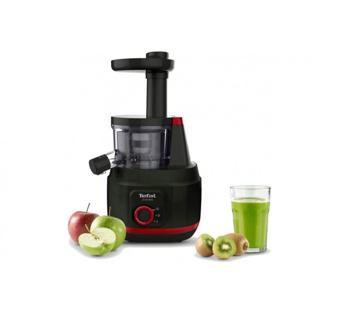 Соковыжималка Tefal Juiceo шнековая 150Вт, чаша-0.8л, жмых-0.8л, насадка для цитрусовых, пластик, черно-крассный
