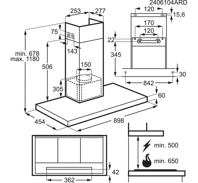 Electrolux hood chimney, 90cm, 730m.cub/h, Hob2hood, inox