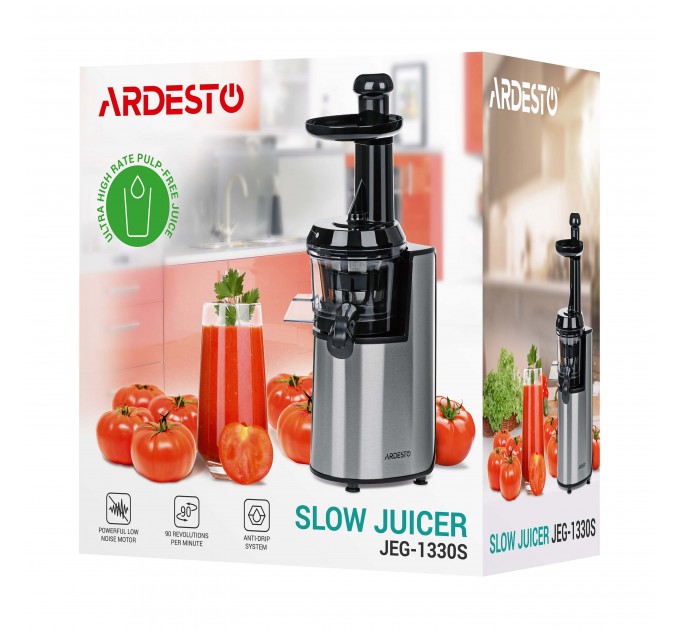 Соковитискач ARDESTO шнековий 200Вт, чаша-0.6л, жмих-0.6л, пластик/метал, сріблясто-чорний