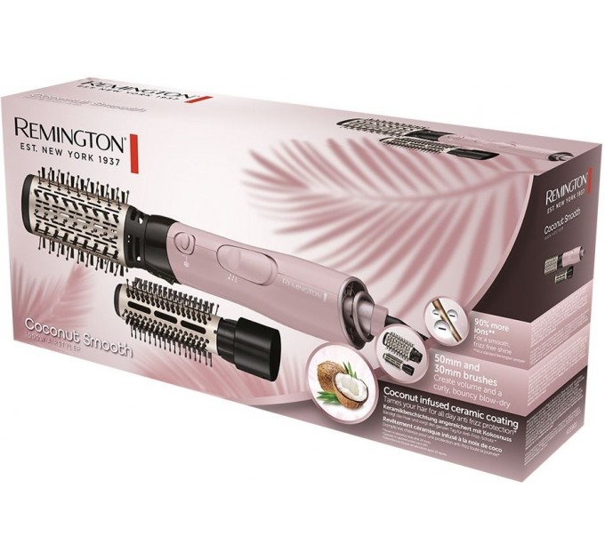 Фен-щітка Remington Coconut Smooth, 1000Вт, 2 режими, іонізація, хол. обдув, 2 насадки, чорно-рожевий