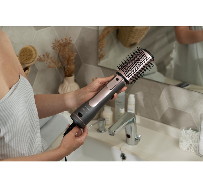 Фен-щітка ARDESTO Brush Pink Touch, 1200Вт, 2 швидкості, 2 темп. режими, LED-дисплей, функція іонізації , 4 насадки, сірий+ рожевий