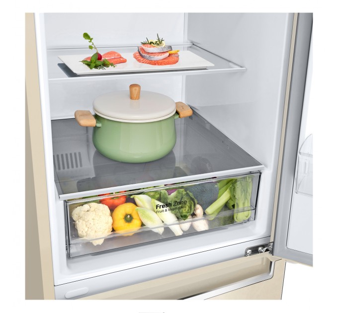 Холодильник LG с нижн. мороз., 203x60х68, , холод.отд.-277л, мороз.отд.-107л, 2дв., E, NF, инв., диспл внутр., зона св-ти, бежевый