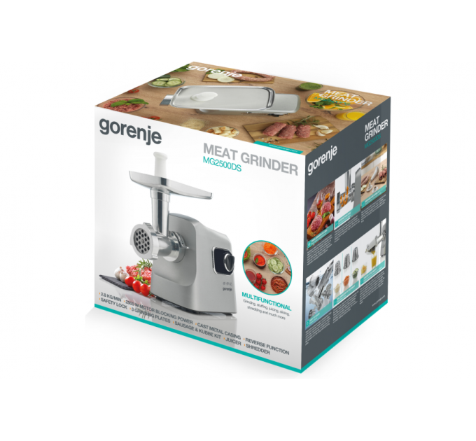 Мясорубка Gorenje, 2500Вт, 2.8кг/мин, 3 решетки, насадка для колбас, кеббе, шнековая соковыжим, 3 терки, пластик/металл, нерж