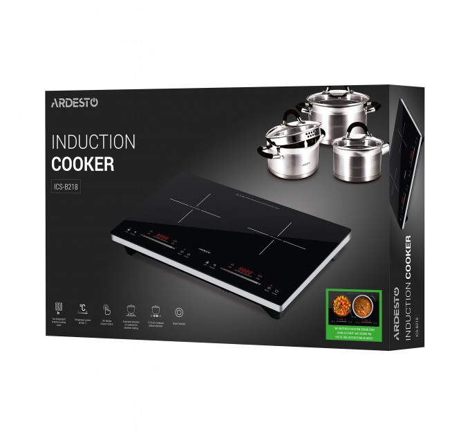 Плитка настольная ARDESTO индукционная, конф. - 2 на 1.3кВт и 1.8кВт горизонт., управл. - сенсорное, таймер, boost, черный