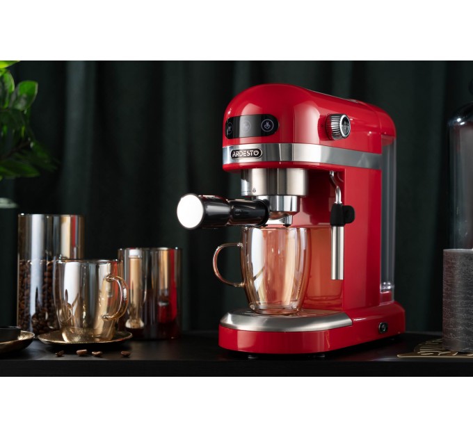 Кавоварка ARDESTO ріжкова 1.4л, мелена, ручний капучинатор, підігрів чашок, червоний