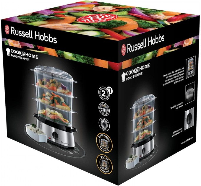 Пароварка Russell Hobbs Cook&Home 800Вт, чаша-3/3/3л, резервуар для воды -1л, механическое управл., 3 яруса, металл/пластик, черный