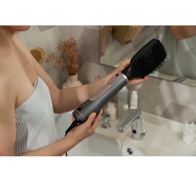 Фен-щітка ARDESTO Brush Pink Touch, 1200Вт, 2 швидкості, 2 темп. режими, LED-дисплей, функція іонізації , 4 насадки, сірий+ рожевий