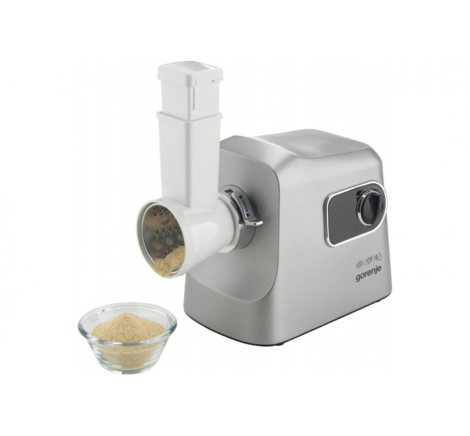 Мясорубка Gorenje, 2500Вт, 2.8кг/мин, 3 решетки, насадка для колбас, кеббе, шнековая соковыжим, 3 терки, пластик/металл, нерж