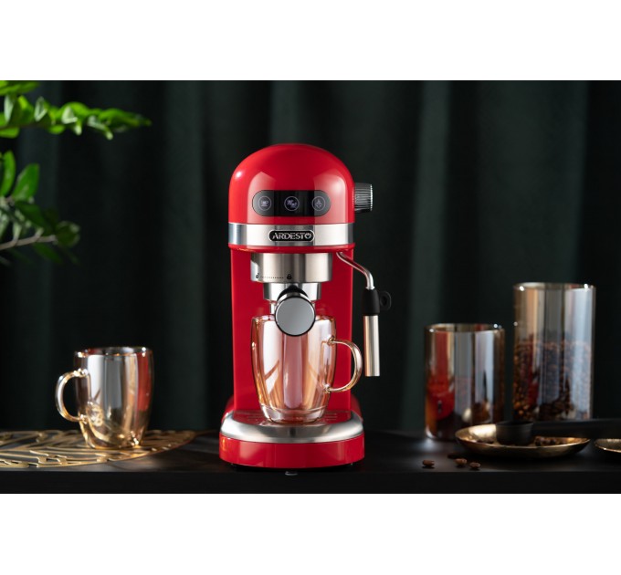 Кавоварка ARDESTO ріжкова 1.4л, мелена, ручний капучинатор, підігрів чашок, червоний