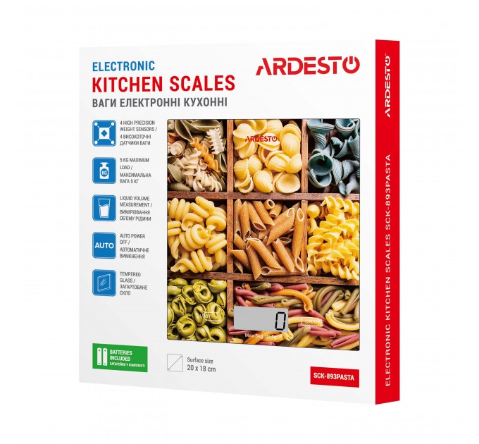 Весы ARDESTO кухонные Pasta, 5кг, AAAx2 в компл, стекло, многоцветный