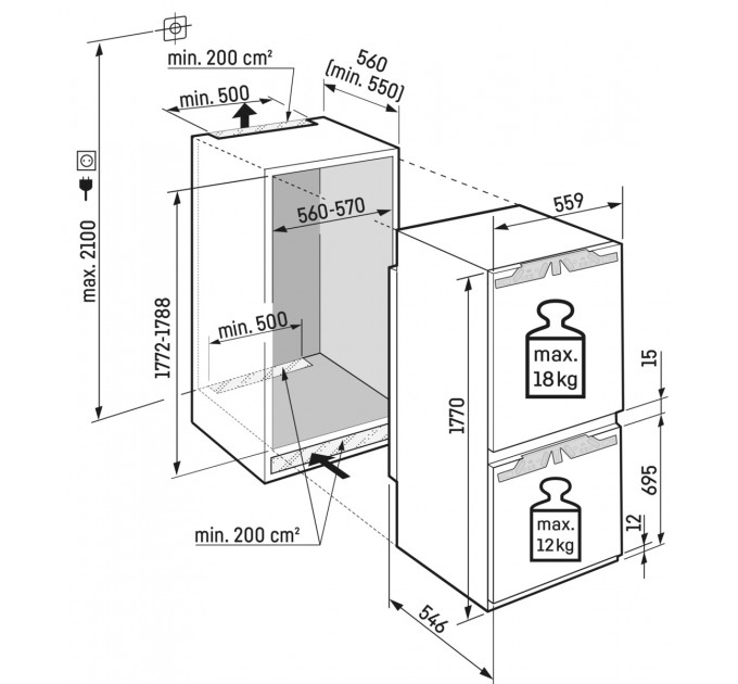 Холодильник Liebherr встраиваемый с нижн. мороз., 177x55.9х54.6, холод.отд.-182л, мороз.отд.-69л, 2дв., A+, ST, диспл внутр., белый