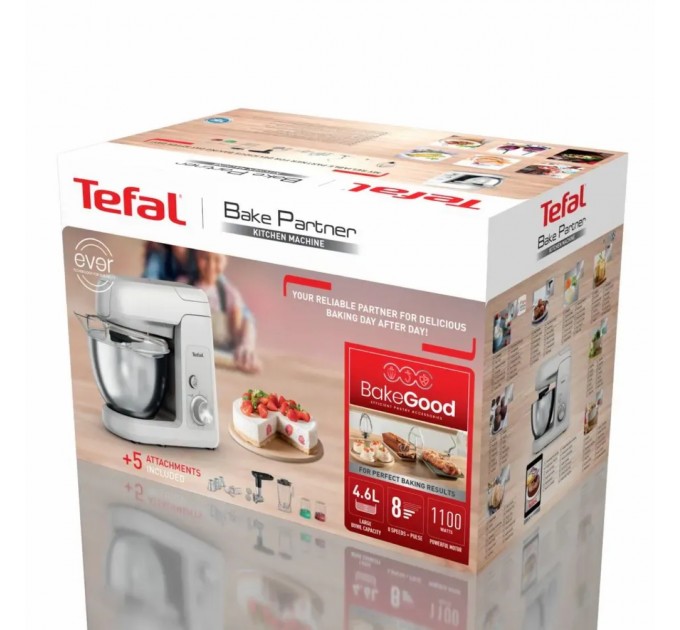 Кухонна машина Tefal Bake Partner 1100Вт, чаша-метал, корпус-пластик, насадок-8, білий