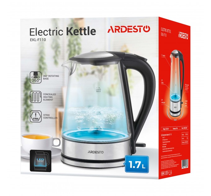 Электрочайник ARDESTO 1.7л, Strix, стекло, чёрный