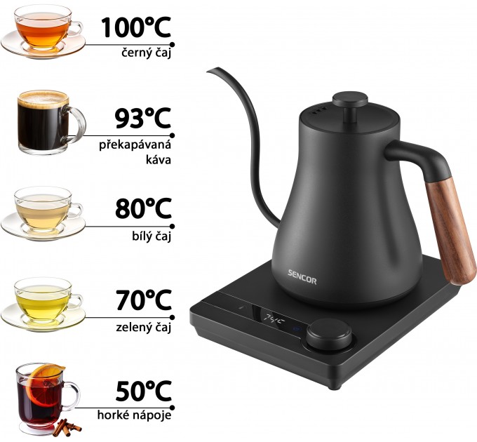 Электрочайник Sencor 0.6л, 5 темп.реж, сенс. управл., нерж. сталь, чорный