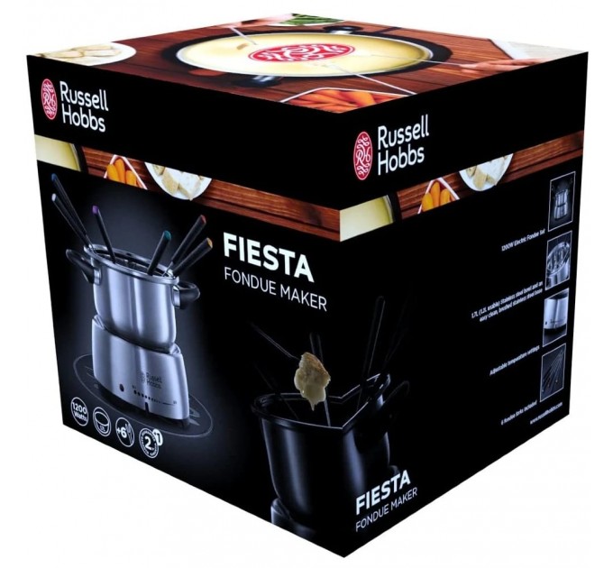 Електричне фондю Russell Hobbs Fiesta, ємність 2л, 1200Вт, 6 виделок в комплекті, нерж. сталь, сірий