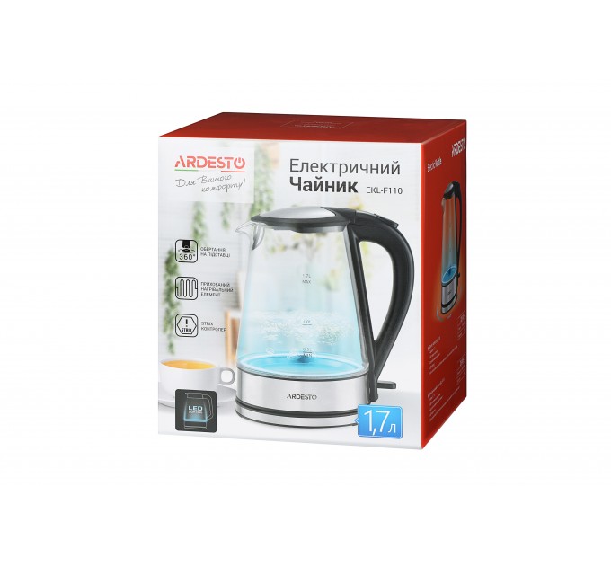 Электрочайник ARDESTO 1.7л, Strix, стекло, чёрный