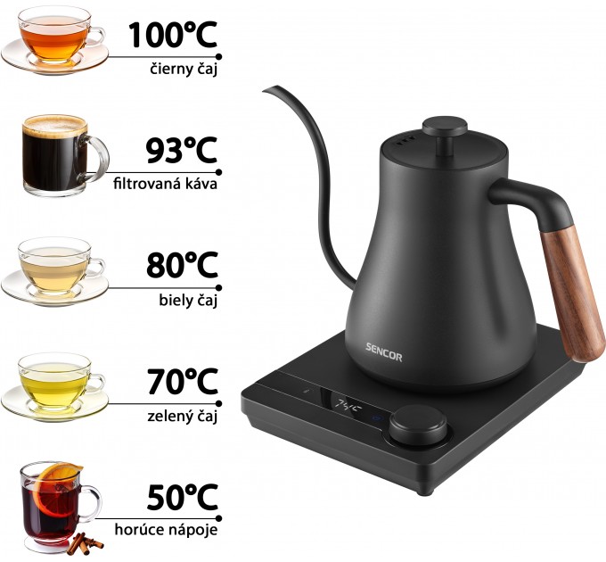 Электрочайник Sencor 0.6л, 5 темп.реж, сенс. управл., нерж. сталь, чорный