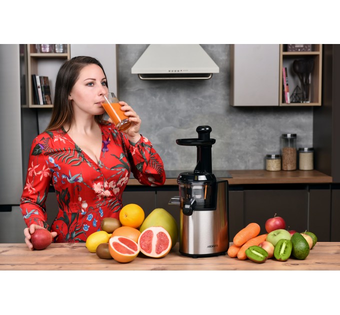 Соковитискач ARDESTO шнековий 200Вт, чаша-0.6л, жмих-0.6л, пластик/метал, сріблясто-чорний