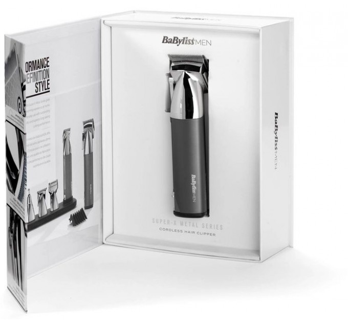 Машинка для стрижки Babyliss Super-X Metal Series, сеть+акум., вибрационный мотор, насадок-10, кейс, чехол, расческа в компл., сталь, серый