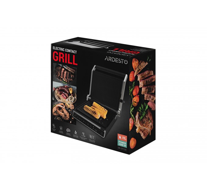 Гриль ARDESTO прижимной 2000Вт, темп. режимов-6, съёмные пластины, раскрытие на 180°, металл, серебристый