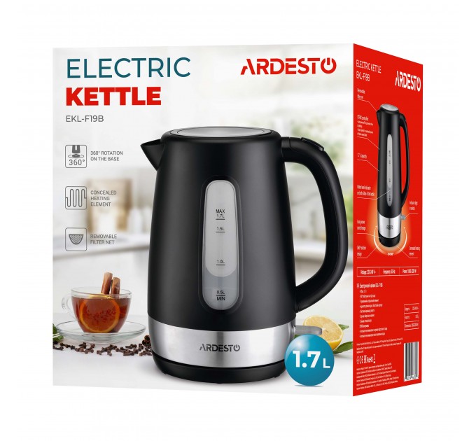 Электрочайник ARDESTO 1.7л, Strix, пластик, черный матовый