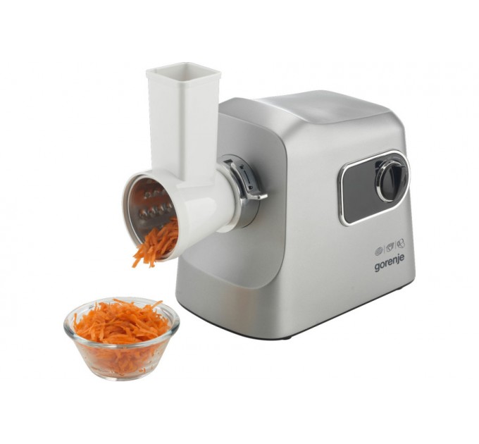 Мясорубка Gorenje, 2500Вт, 2.8кг/мин, 3 решетки, насадка для колбас, кеббе, шнековая соковыжим, 3 терки, пластик/металл, нерж