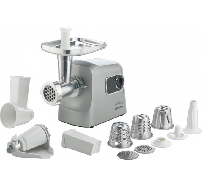 Мясорубка Gorenje, 2500Вт, 2.8кг/мин, 3 решетки, насадка для колбас, кеббе, шнековая соковыжим, 3 терки, пластик/металл, нерж