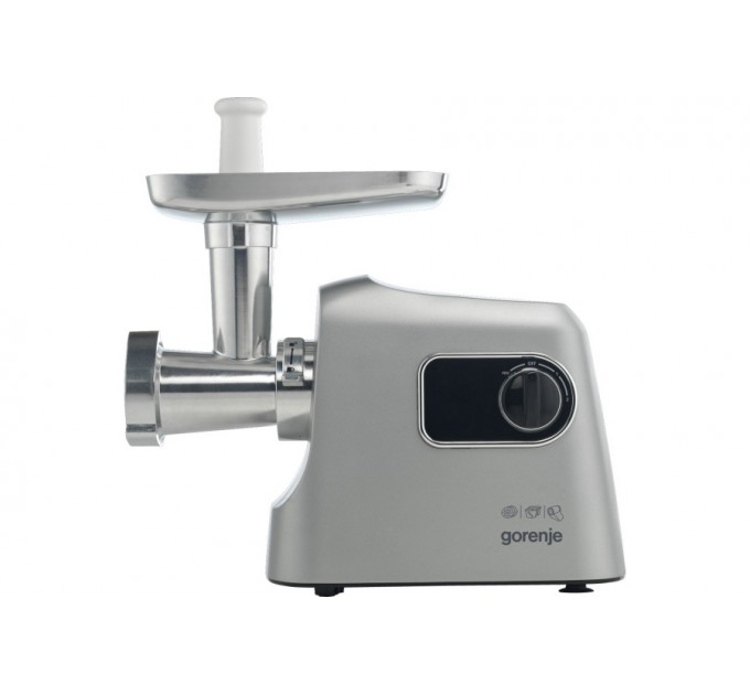 Мясорубка Gorenje, 2500Вт, 2.8кг/мин, 3 решетки, насадка для колбас, кеббе, шнековая соковыжим, 3 терки, пластик/металл, нерж