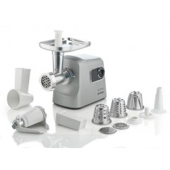 Мясорубка Gorenje, 2500Вт, 2.8кг/мин, 3 решетки, насадка для колбас, кеббе, шнековая соковыжим, 3 терки, пластик/металл, нерж