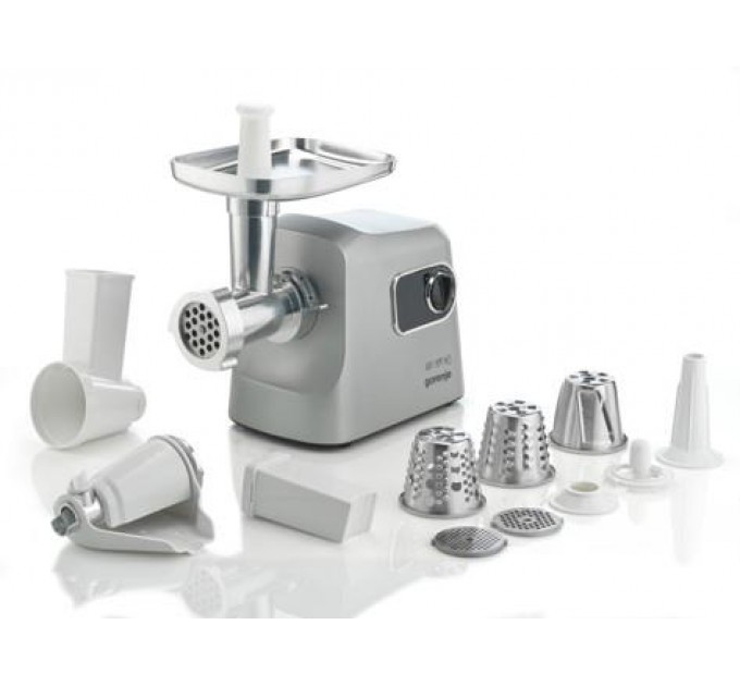 Мясорубка Gorenje, 2500Вт, 2.8кг/мин, 3 решетки, насадка для колбас, кеббе, шнековая соковыжим, 3 терки, пластик/металл, нерж