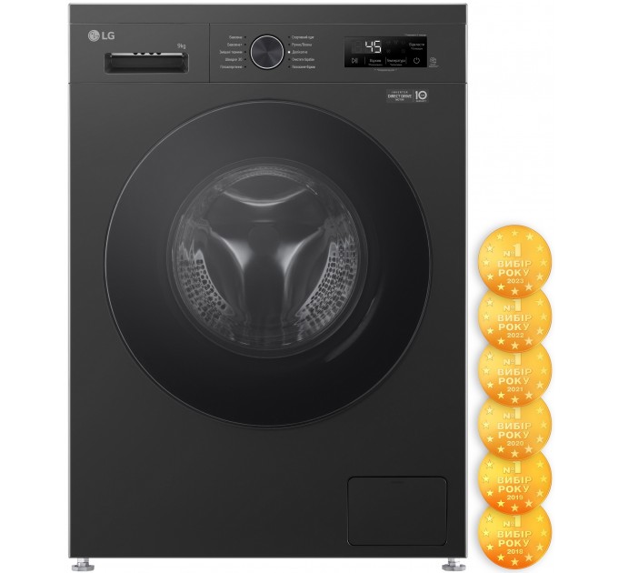 Стиральная машина LG фронтальная, 9кг, 1200, A+++, 55см, дисплей, пар, инвертор, черный