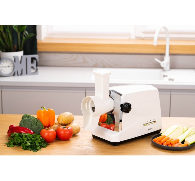 М'ясорубка ARDESTO, 1750Вт, 2кг/хв, 3 решітки, насадка для ковбас, кеббе, 4 терки, пластик, біло-сріблястий