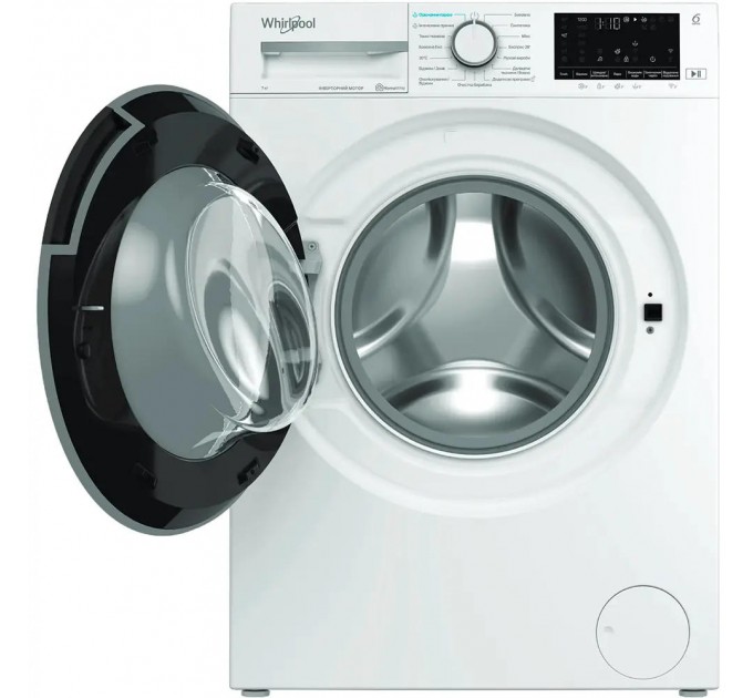 Стиральная машина Whirlpool фронтальная, 7кг, 1200, A+++, 49.6см, дисплей, пар, инвертор, люк черный, белый