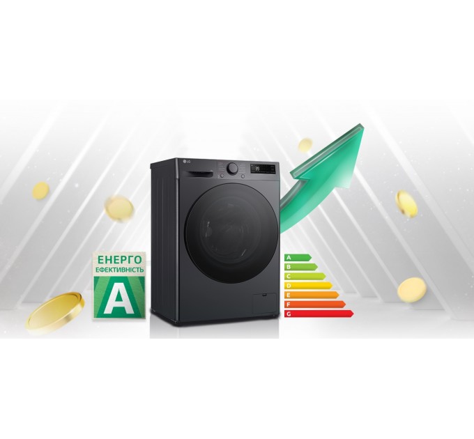 Стиральная машина LG фронтальная, 9кг, 1200, A, 48см, дисплей, пар, инвертор, черный F2Y5FS5J
