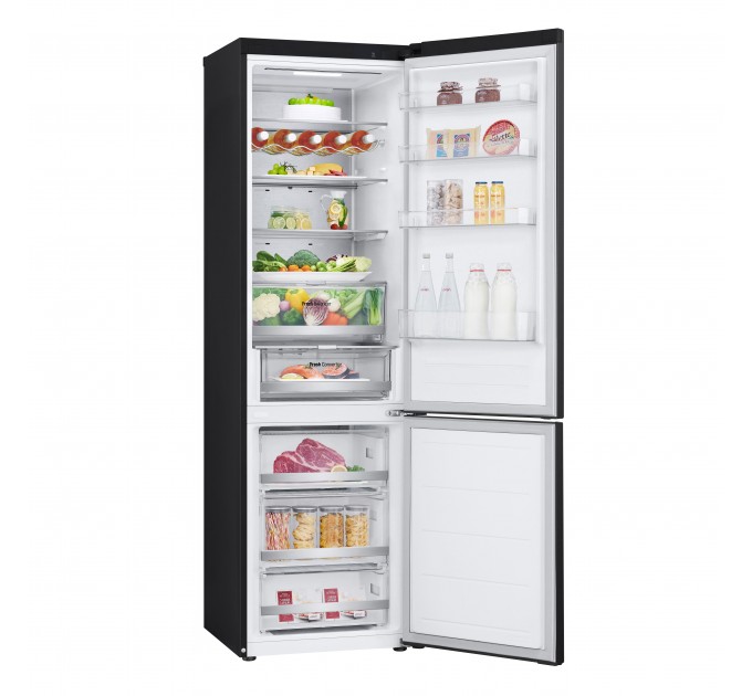 Холодильник LG з нижн. мороз., 203x60х68, холод.відд.-277л, мороз.відд.-110л, 2дв., E, NF, інв., диспл зовн., Fresh Сonverter, Metal Fresh, чорний
