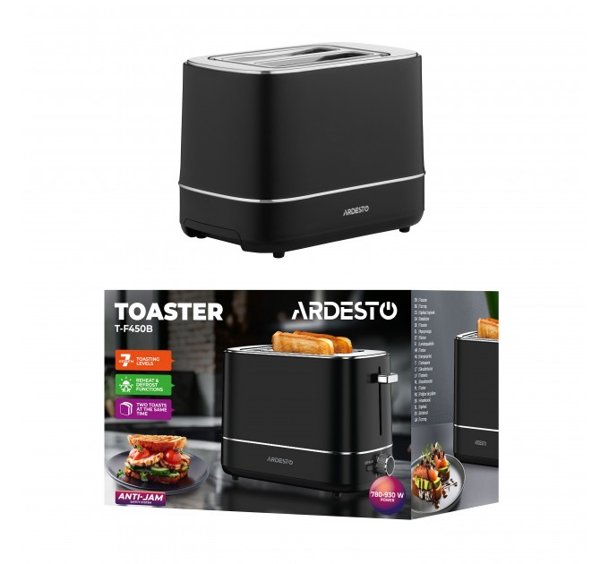 Тостер ARDESTO Timeless Elegance, 800Вт, пластик, 2 слота, чорний