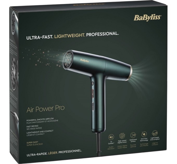 Фен Babyliss Air Power Pro, 1700Вт, 3 режими, дифузор, іоніз-я, хол. обдув, зелений