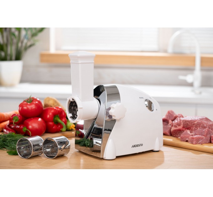 М'ясорубка ARDESTO, 2000Вт, продук.-1.9кг/хв, 3 решітки + для ковб., кеббе, 3 терки, пластик, біло-сріблястий