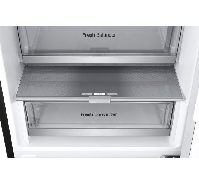 Холодильник LG з нижн. мороз., 203x60х68, холод.відд.-277л, мороз.відд.-110л, 2дв., E, NF, інв., диспл зовн., Fresh Сonverter, Metal Fresh, чорний