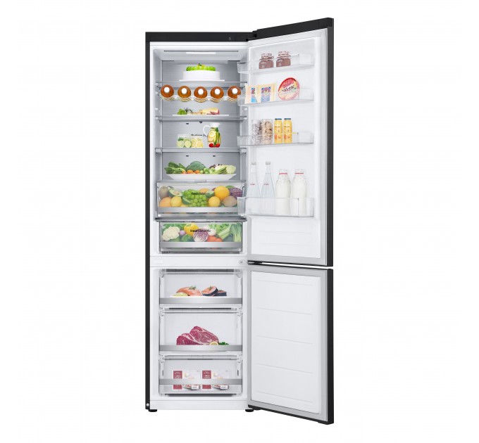 Холодильник LG з нижн. мороз., 203x60х68, холод.відд.-277л, мороз.відд.-110л, 2дв., E, NF, інв., диспл зовн., Fresh Сonverter, Metal Fresh, чорний