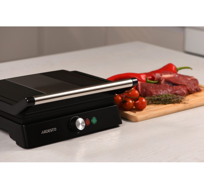 Гриль ARDESTO прижимной 1800Вт, раскрытие на 180°, металл, черно-серебристый
