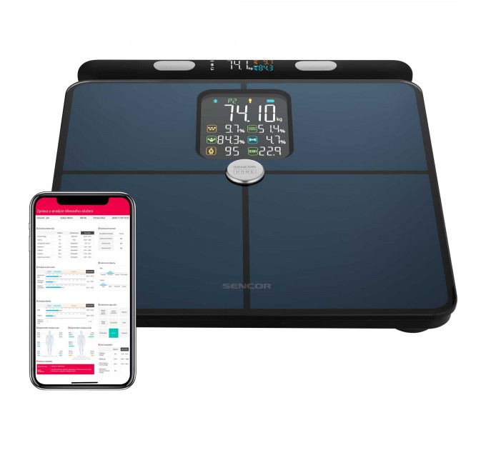 Ваги Sencor підлогові діагностичні, 180кг, підсвіч., дисплея, підкл. до смартфону, 4хAAA, скло, темно-синій